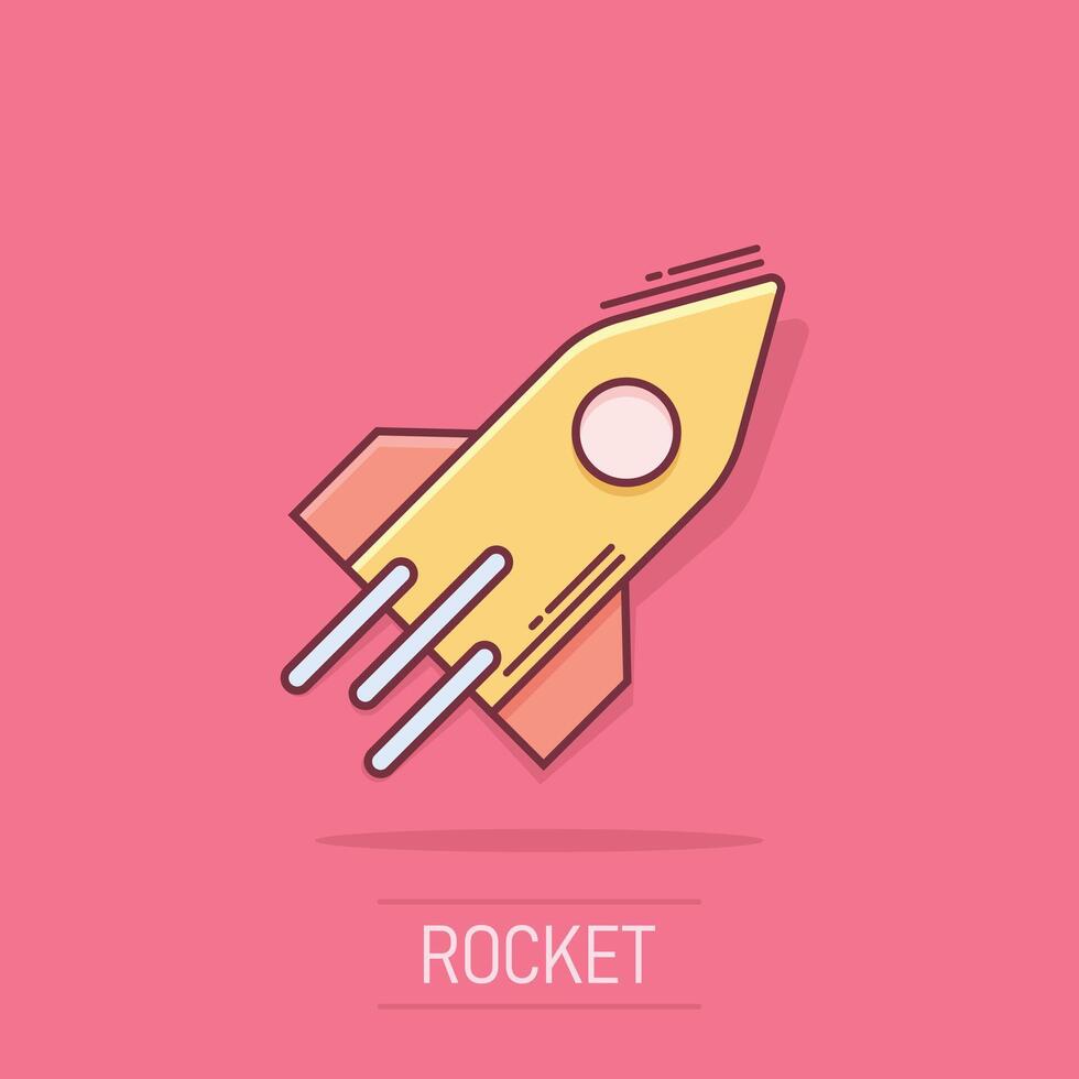 Rocket icon in comic style. Spaceship launch cartoon vector illustration on white isolated background. Sputnik splash effect business concept.