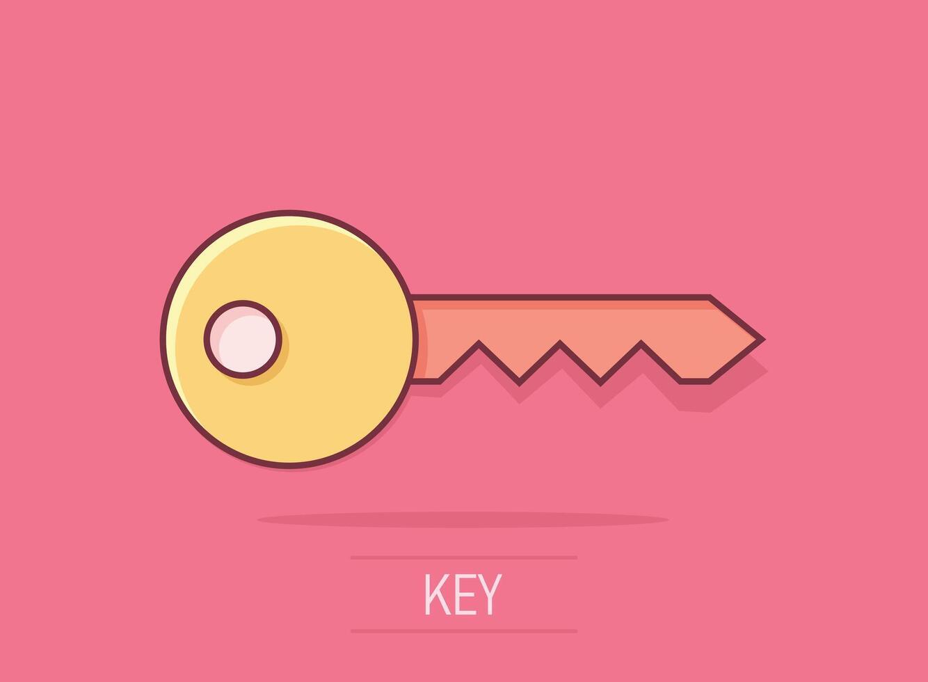 Key icon in comic style. Password cartoon vector illustration on white isolated background. Access splash effect business concept.