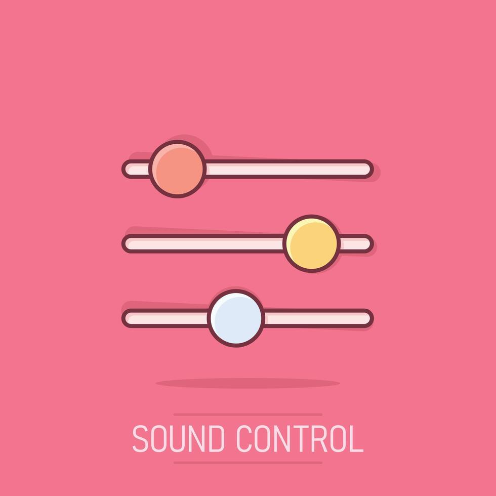 icono de volumen de control en estilo cómico. Ilustración de vector de signo de dibujos animados de ajuste de audio sobre fondo blanco aislado. concepto de negocio de efecto de salpicadura de filtro.