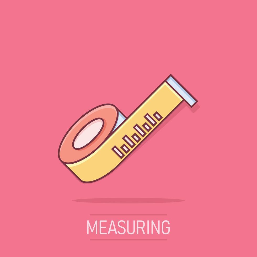 Measure tape icon in comic style. Ruler cartoon sign vector illustration on white isolated background. Meter splash effect business concept.