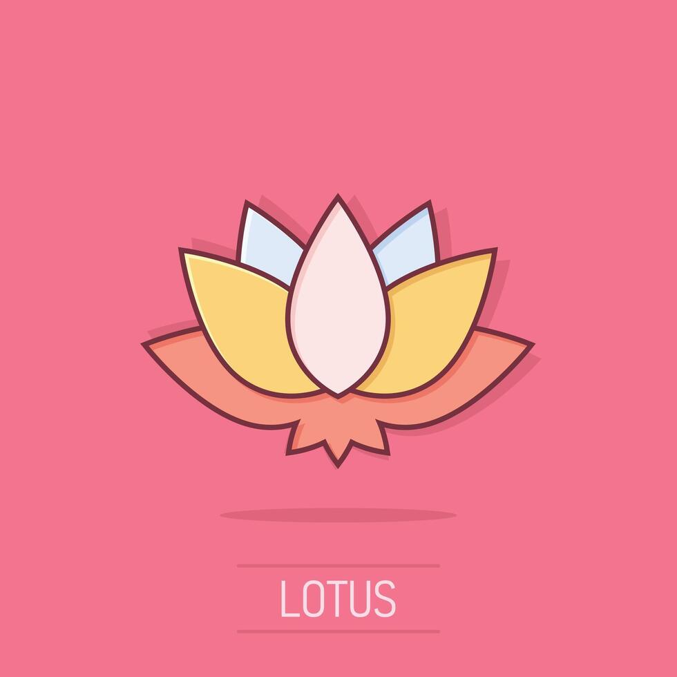 Lotus icon in comic style. Flower leaf cartoon vector illustration on white isolated background. Blossom plant splash effect business concept.