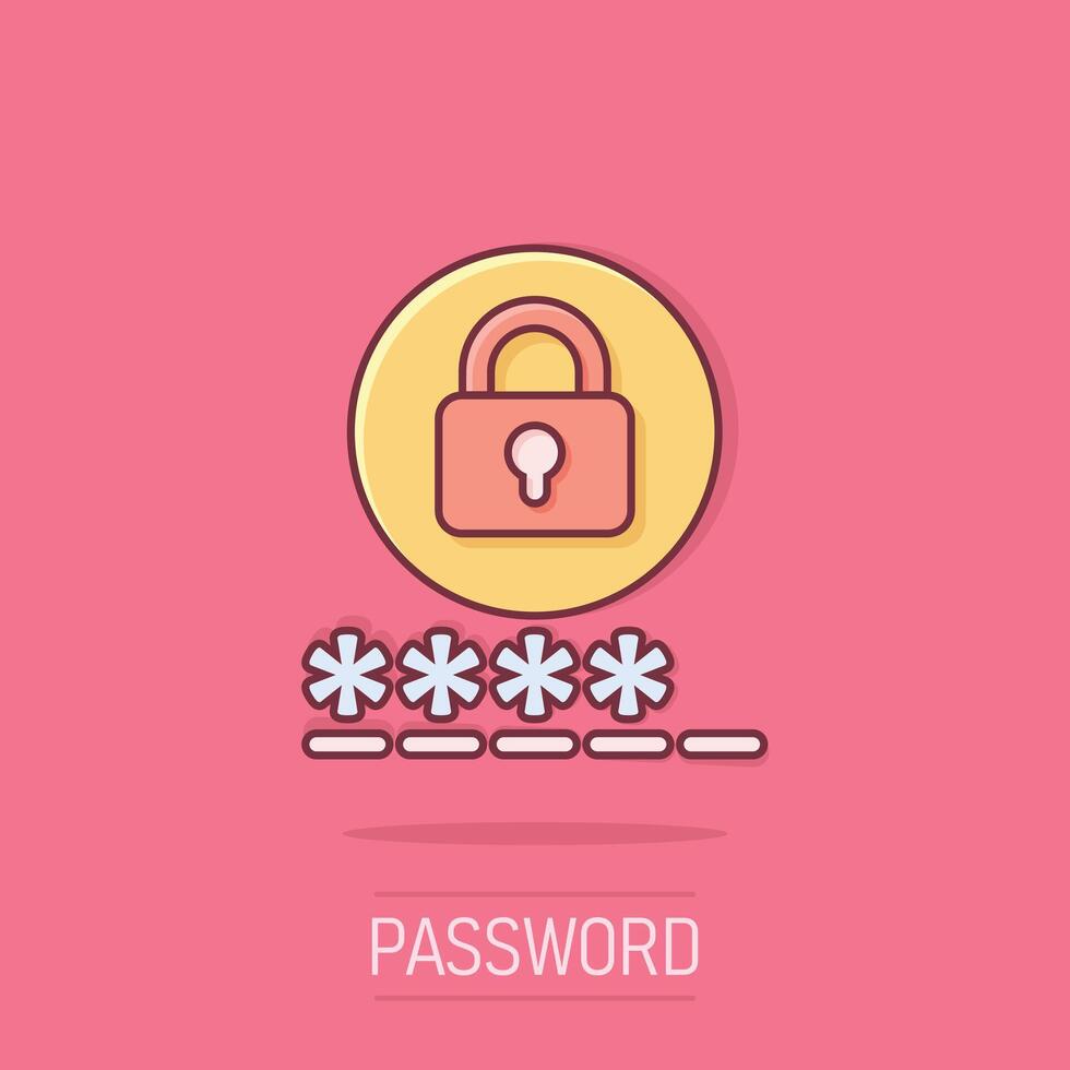 Login icon in comic style. Password access cartoon vector illustration on white isolated background. Padlock entry splash effect business concept.