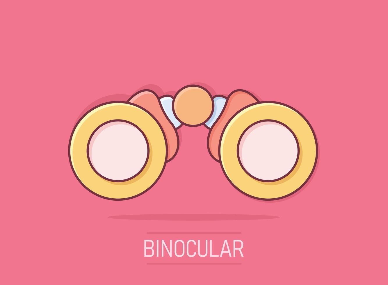 icono binocular en estilo cómico. buscar ilustración vectorial de dibujos animados sobre fondo blanco aislado. concepto de negocio de efecto de salpicadura de zoom. vector