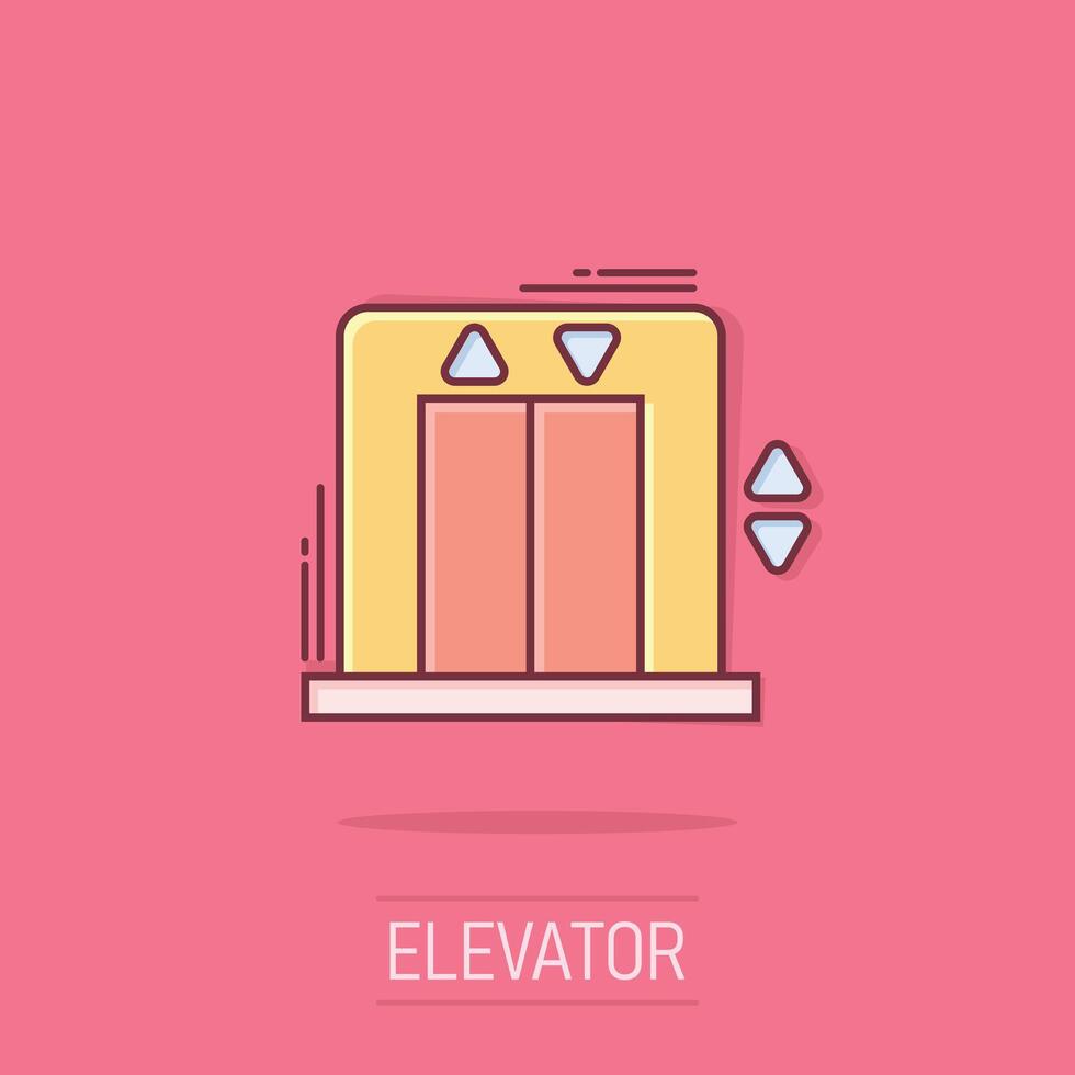 icono de ascensor en estilo cómico. levante la ilustración vectorial de dibujos animados sobre fondo blanco aislado. concepto de negocio de efecto de salpicadura de transporte de pasajeros. vector