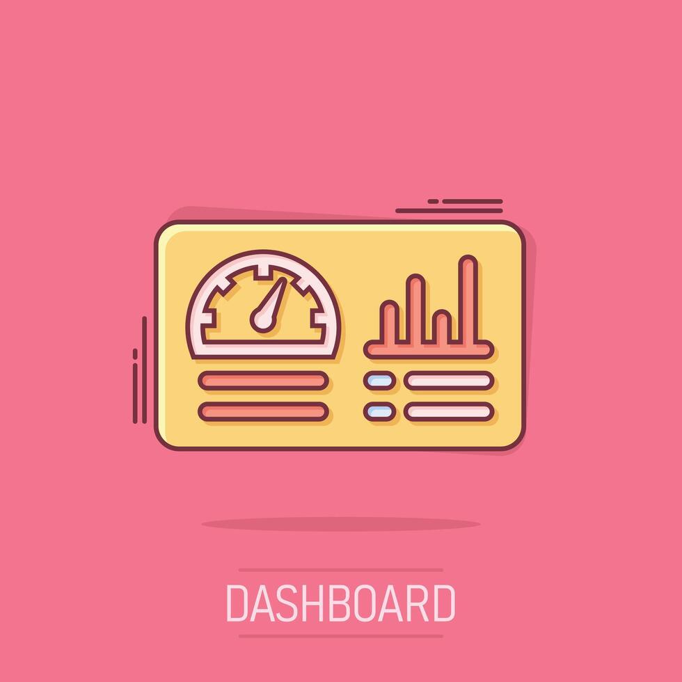 Dashboard icon in comic style. Finance analyzer cartoon vector illustration on white isolated background. Performance algorithm splash effect business concept.