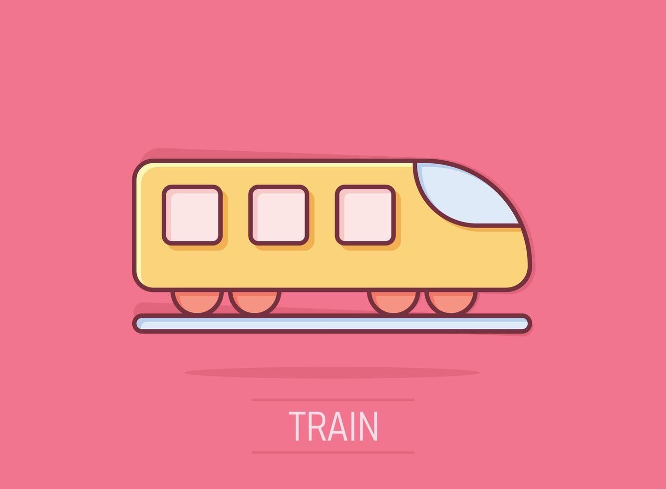 Metro icon in comic style. Train subway cartoon vector illustration on white isolated background. Railroad cargo splash effect business concept.