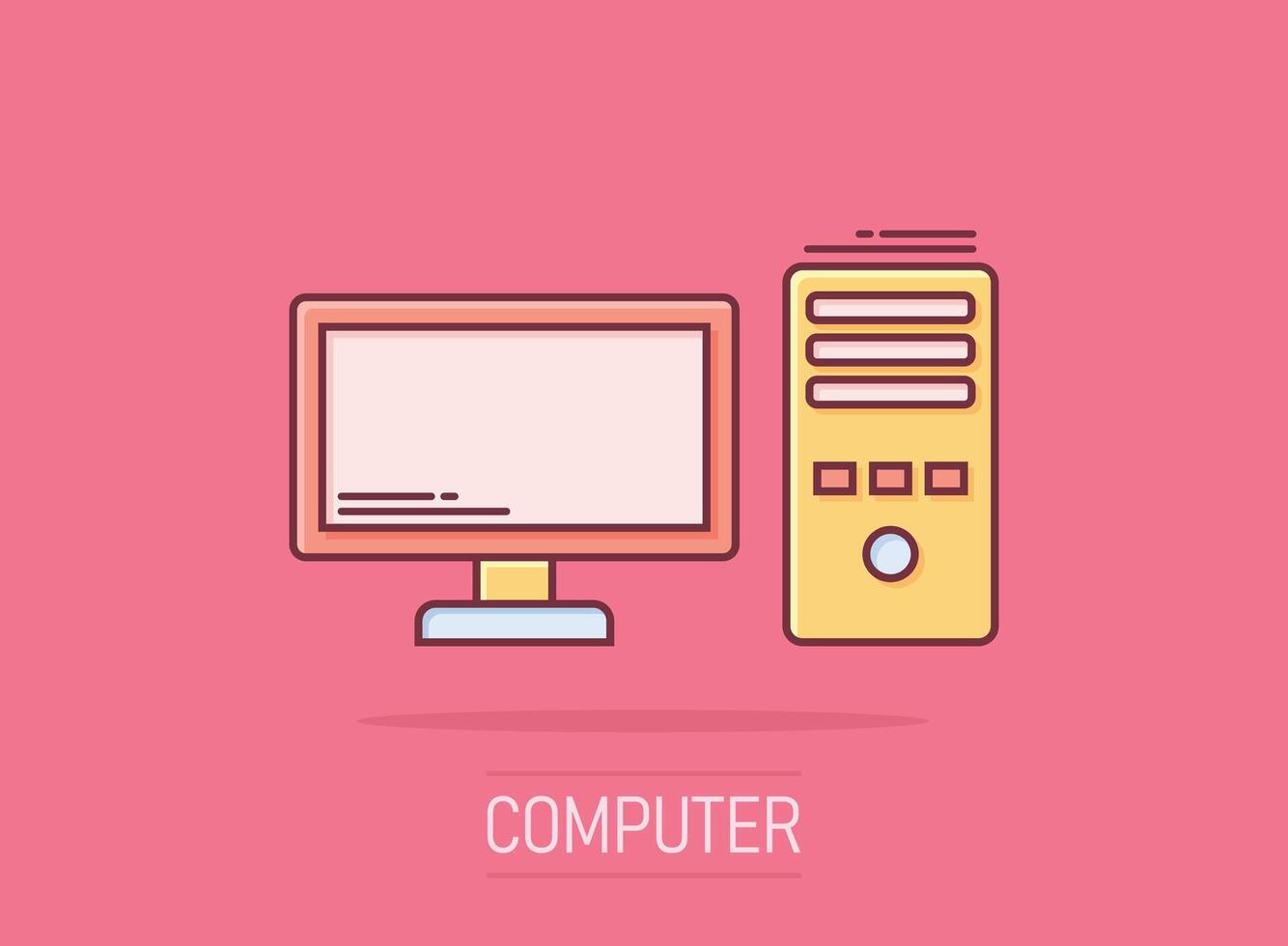 icono de la computadora pc en estilo cómico. ilustración vectorial de dibujos animados de escritorio sobre fondo blanco aislado. concepto de negocio de efecto de salpicadura de monitor de dispositivo. vector