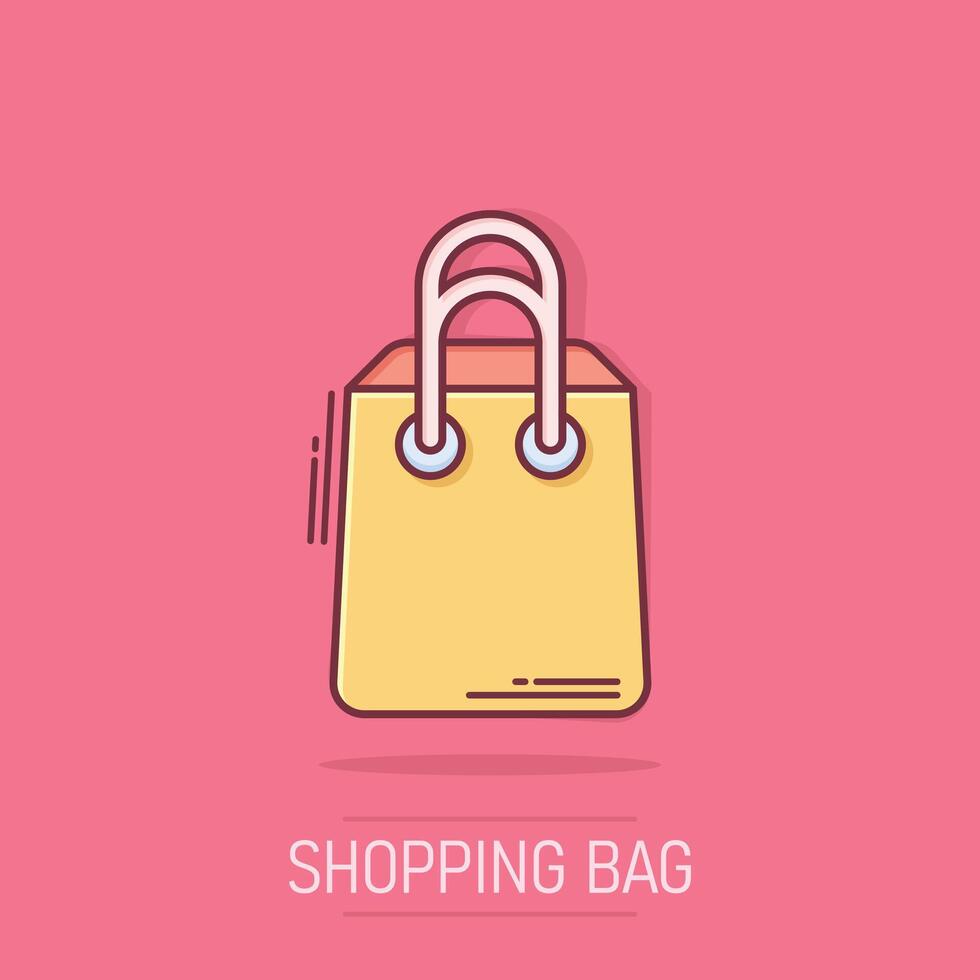 Shopping bag icon in comic style. Handbag cartoon sign vector illustration on white isolated background. Package splash effect business concept.