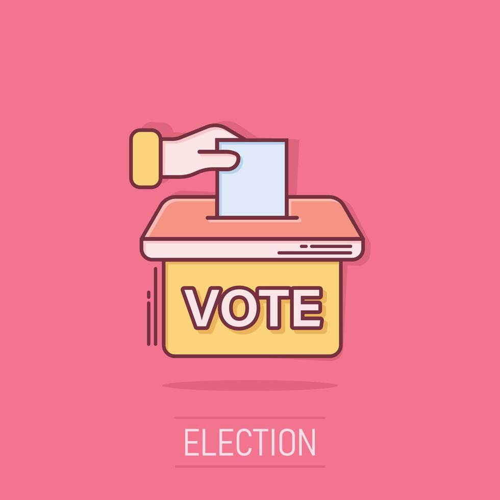 Vote icon in comic style. Ballot box cartoon vector illustration on isolated background. Election splash effect business concept.