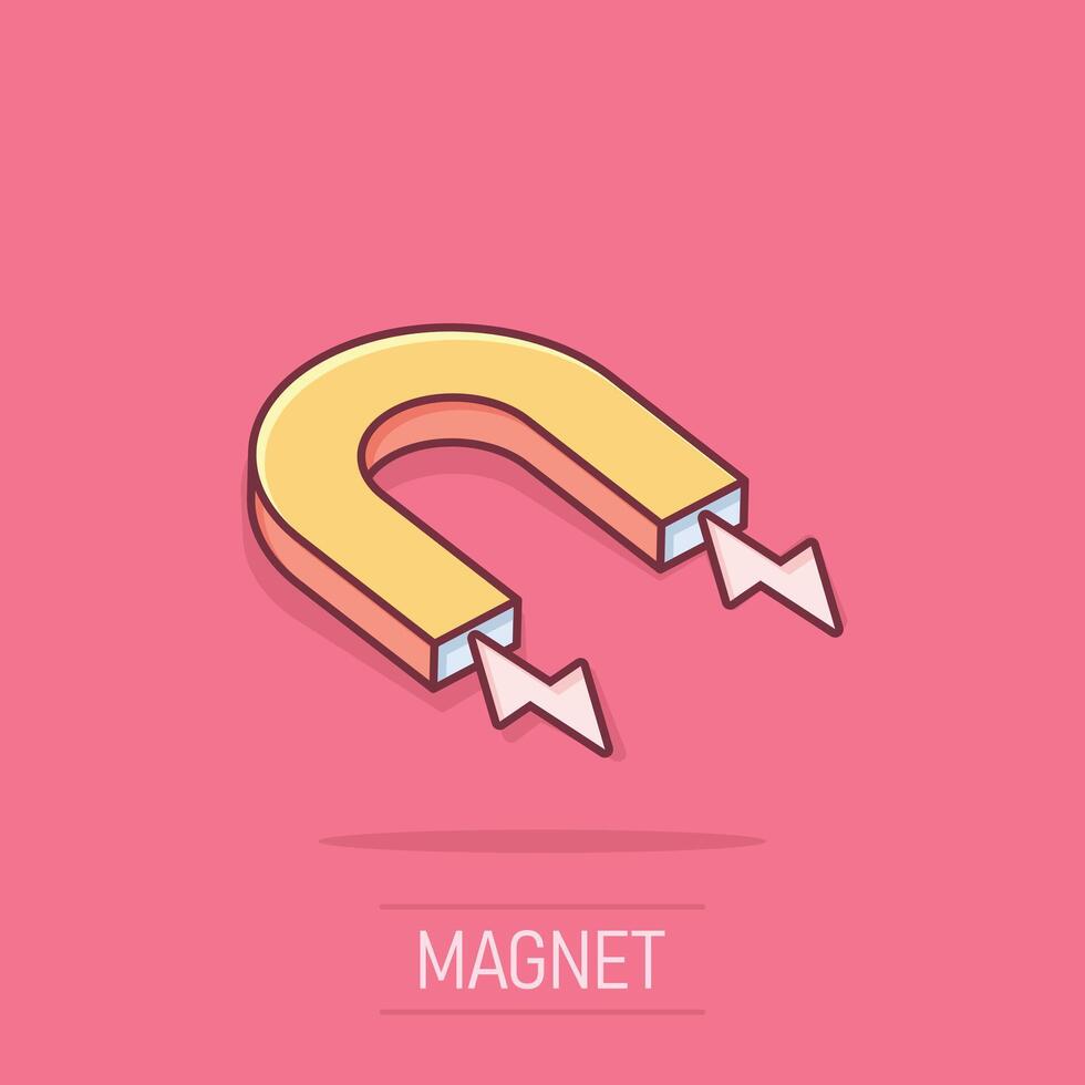 Magnet icon in comic style. Attract cartoon vector illustration on isolated background. Electromagnetic splash effect business concept.