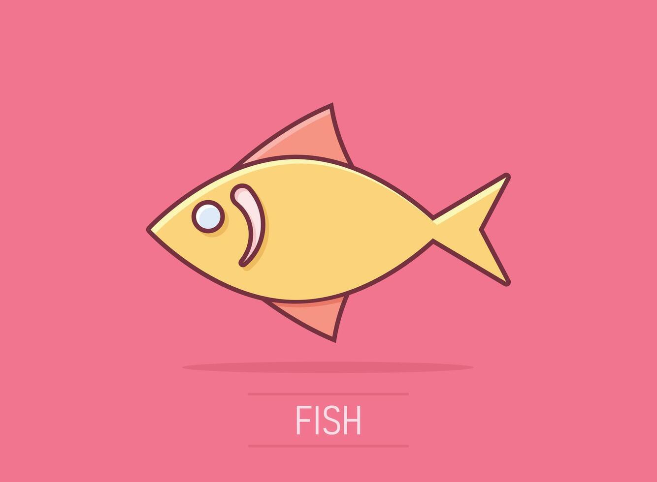 Fish icon in comic style. Seafood cartoon vector illustration on white isolated background. Sea animal splash effect business concept.