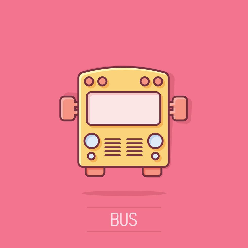 icono de autobús en estilo cómico. Ilustración de vector de dibujos animados de coche de entrenador sobre fondo blanco aislado. concepto de negocio de efecto de salpicadura de autobus.