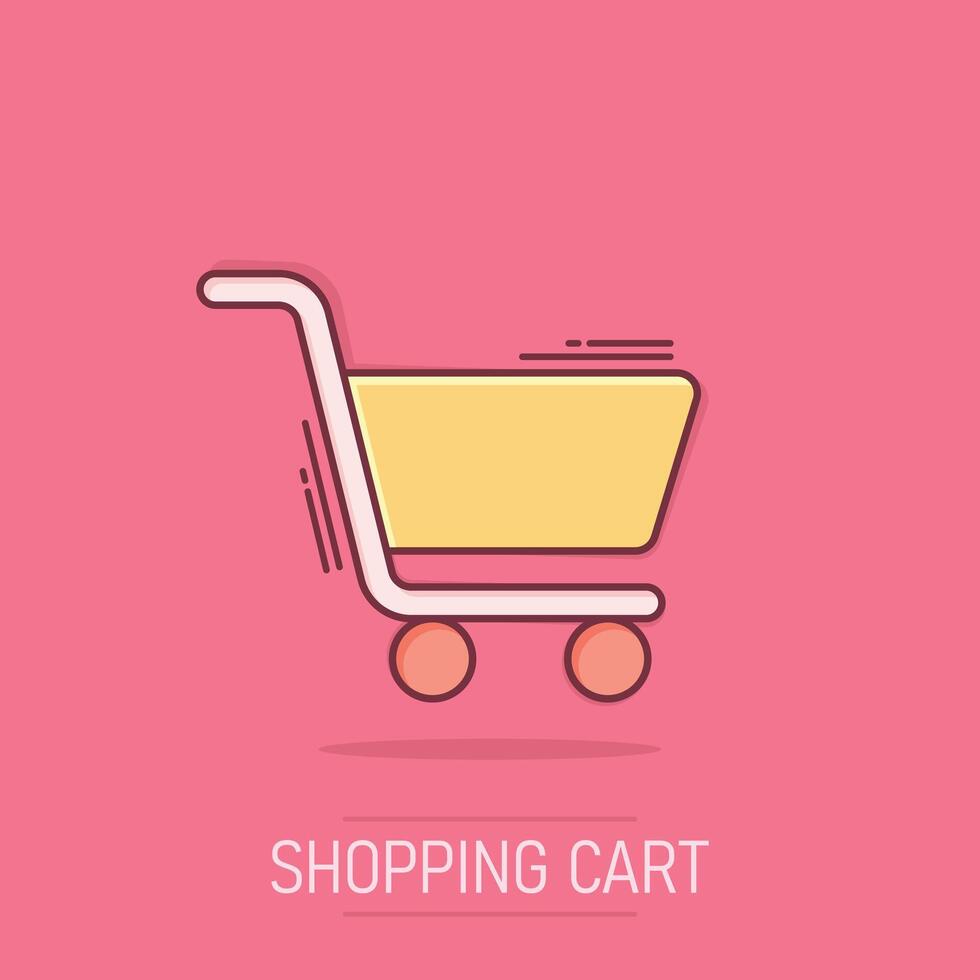 Shopping cart icon in comic style. Trolley cartoon vector illustration on isolated background. Basket splash effect business concept.