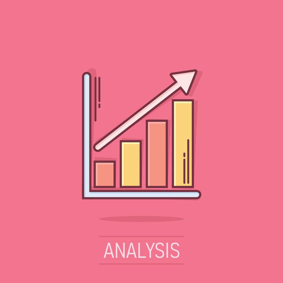 Chart graph icon in comic style. Arrow grow cartoon vector illustration on isolated background. Analysis splash effect business concept.