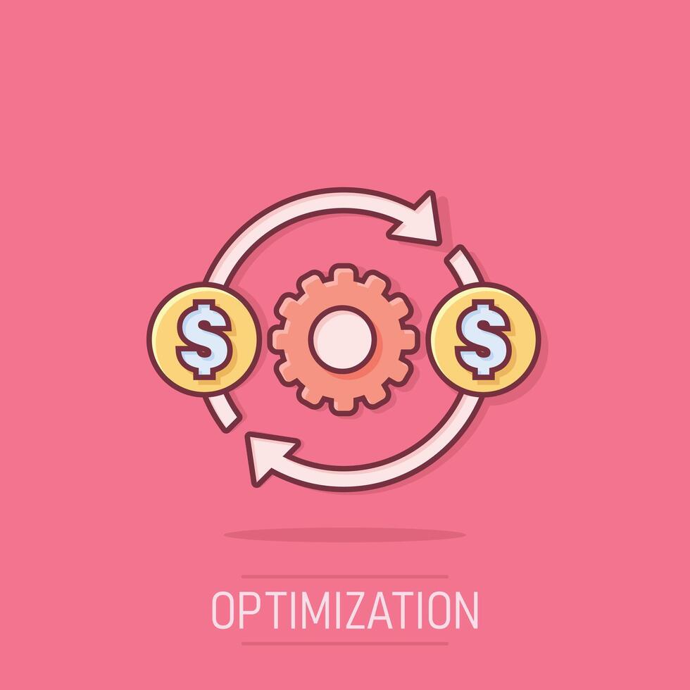 Money optimization icon in comic style. Gear effective cartoon vector illustration on isolated background. Finance process splash effect business concept.