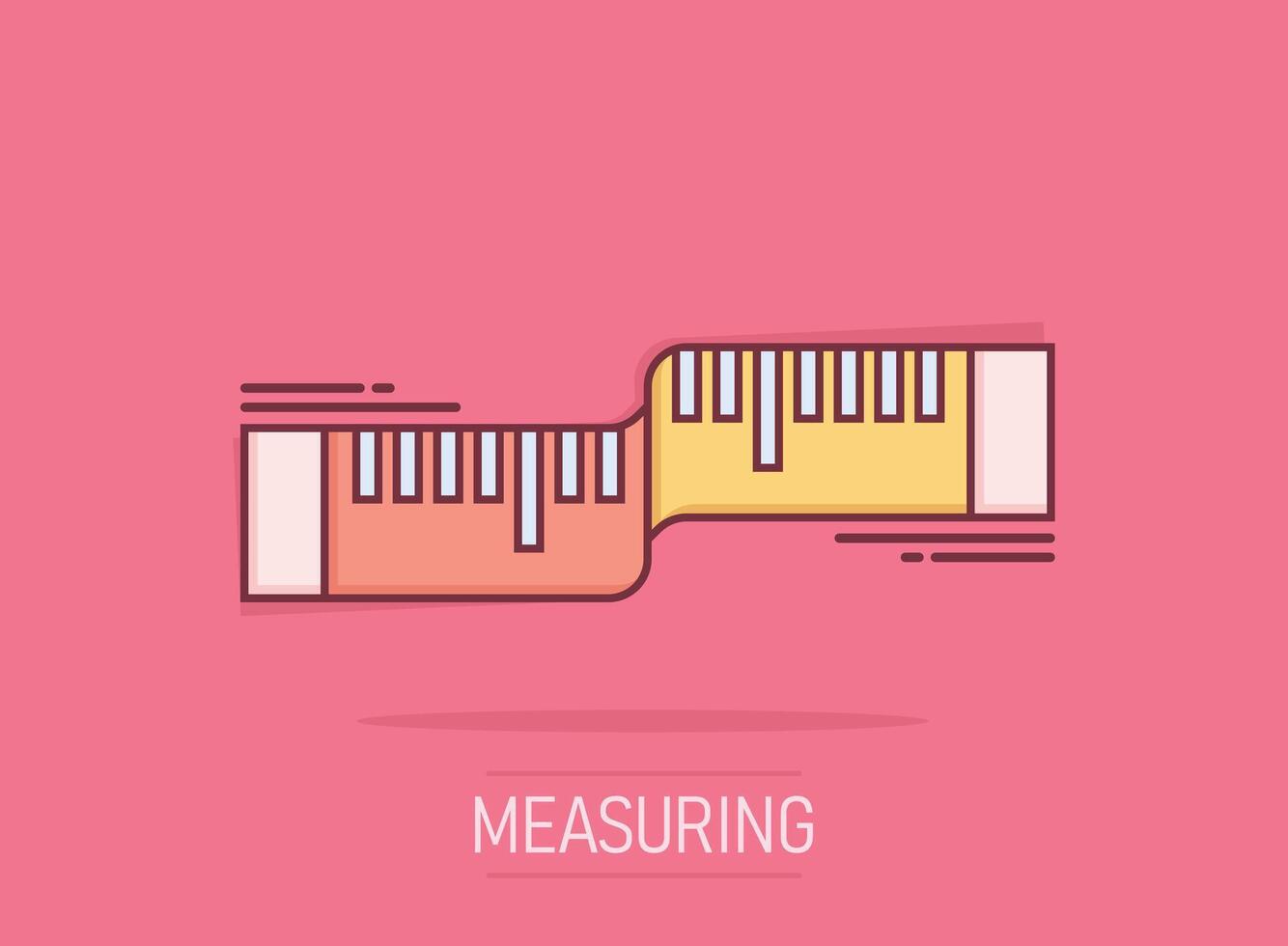 Measure tape icon in comic style. Ruler cartoon sign vector illustration on white isolated background. Meter splash effect business concept.