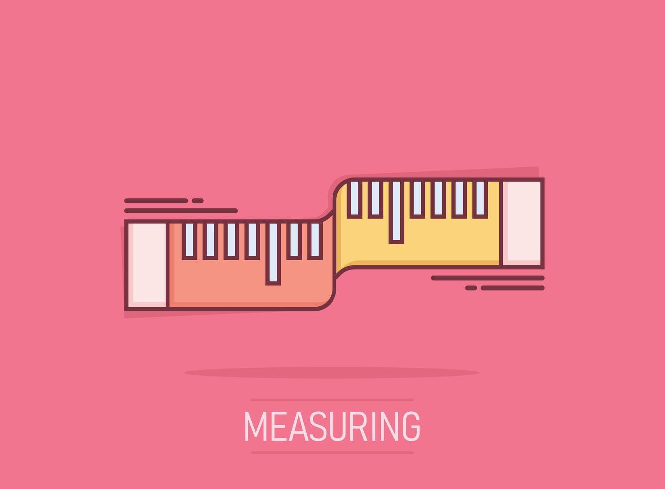 icono de cinta métrica en estilo cómico. regla dibujos animados signo vector ilustración sobre fondo blanco aislado. concepto de negocio de efecto de salpicadura de medidor.