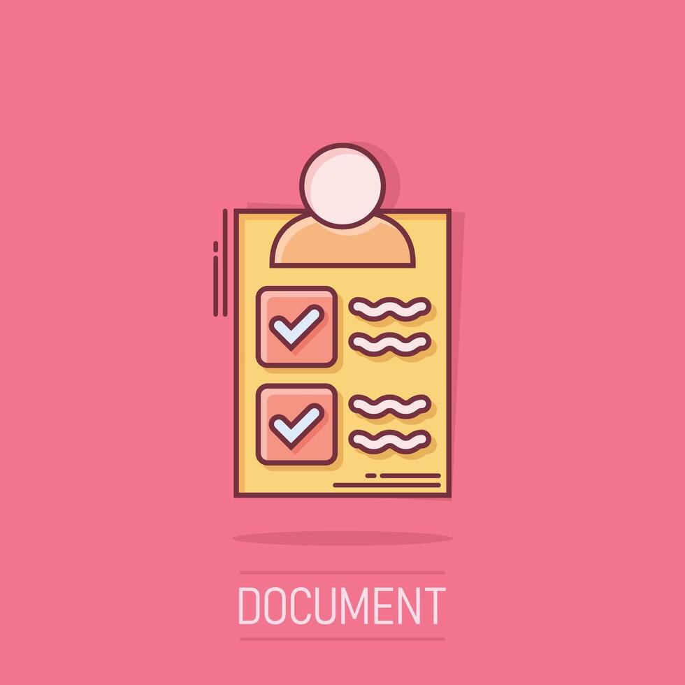 Document icon in comic style. Report cartoon vector illustration on isolated background. Paper sheet splash effect business concept.