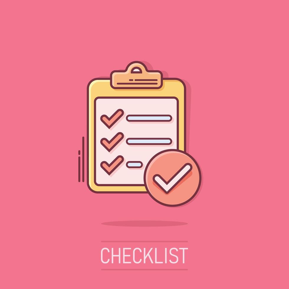To do list icon in comic style. Document checklist cartoon vector illustration on isolated background. Notepad check mark splash effect business concept.