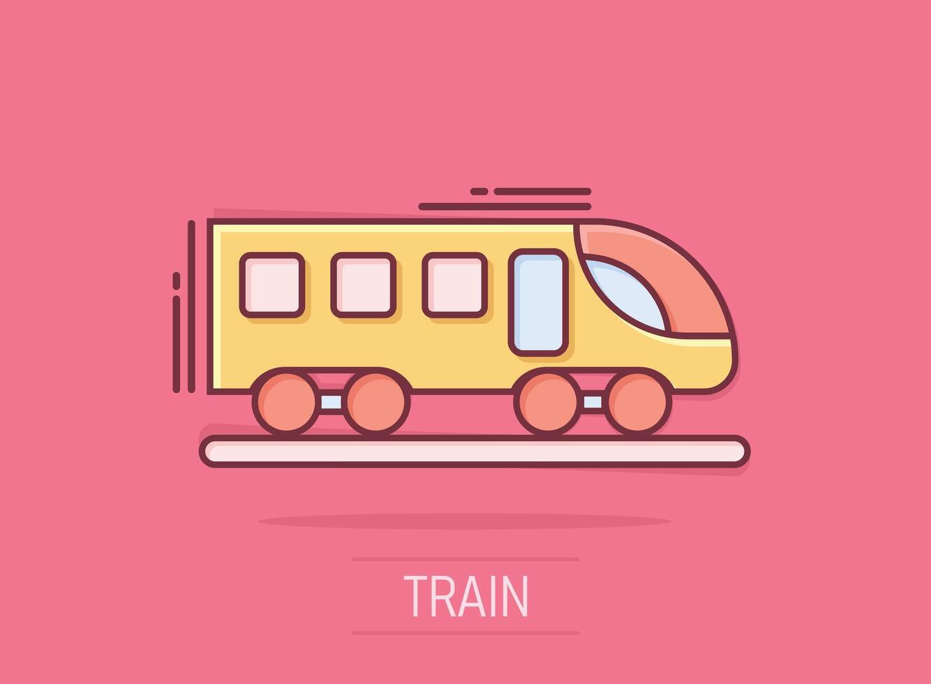 Metro icon in comic style. Train subway cartoon vector illustration on white isolated background. Railroad cargo splash effect business concept.