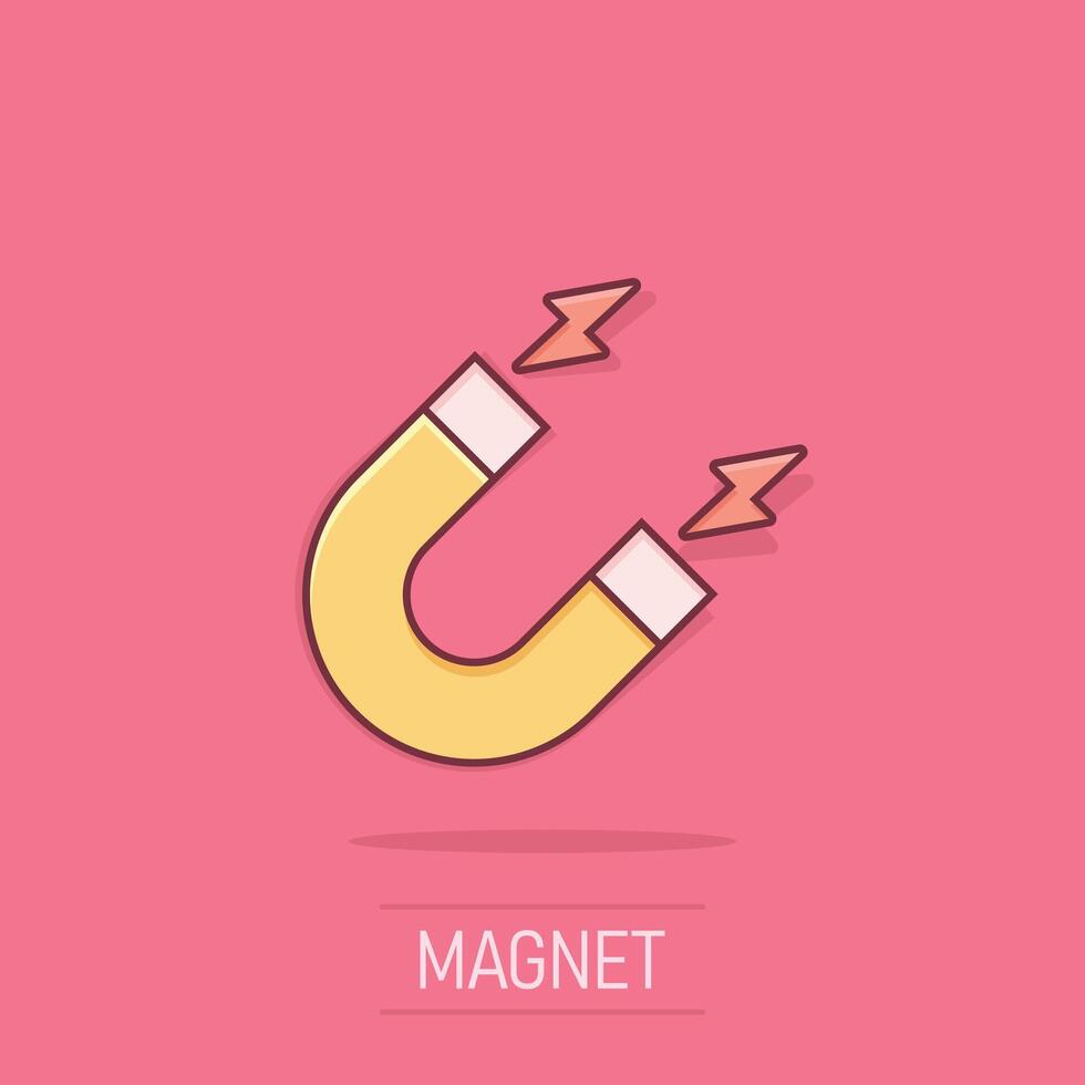 Magnet icon in comic style. Attract cartoon vector illustration on isolated background. Electromagnetic splash effect business concept.