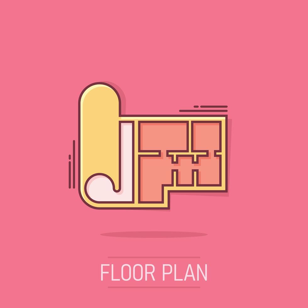 Room plan icon in comic style. Blueprint cartoon vector illustration on isolated background. House project splash effect business concept.