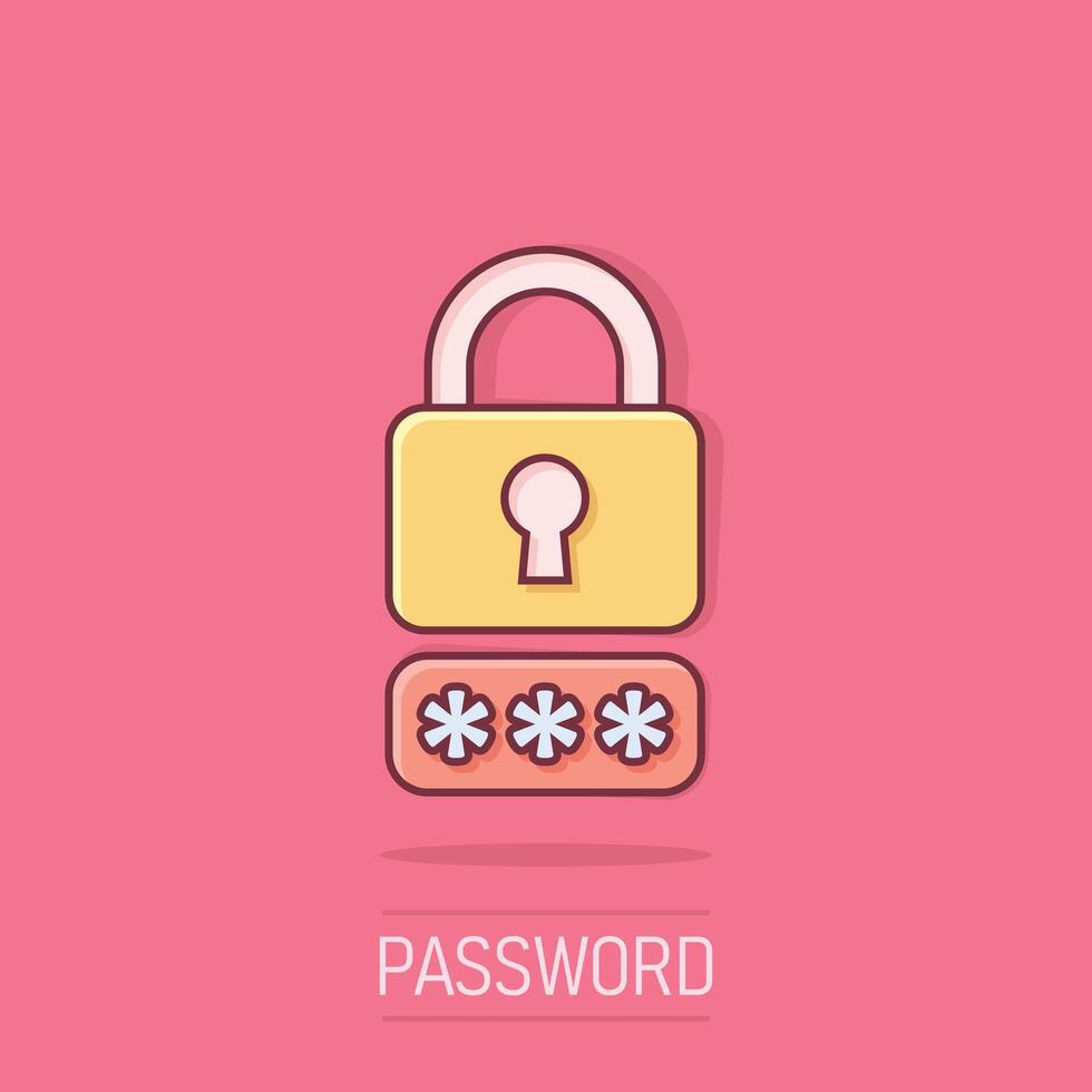 Login icon in comic style. Password access cartoon vector illustration on white isolated background. Padlock entry splash effect business concept.