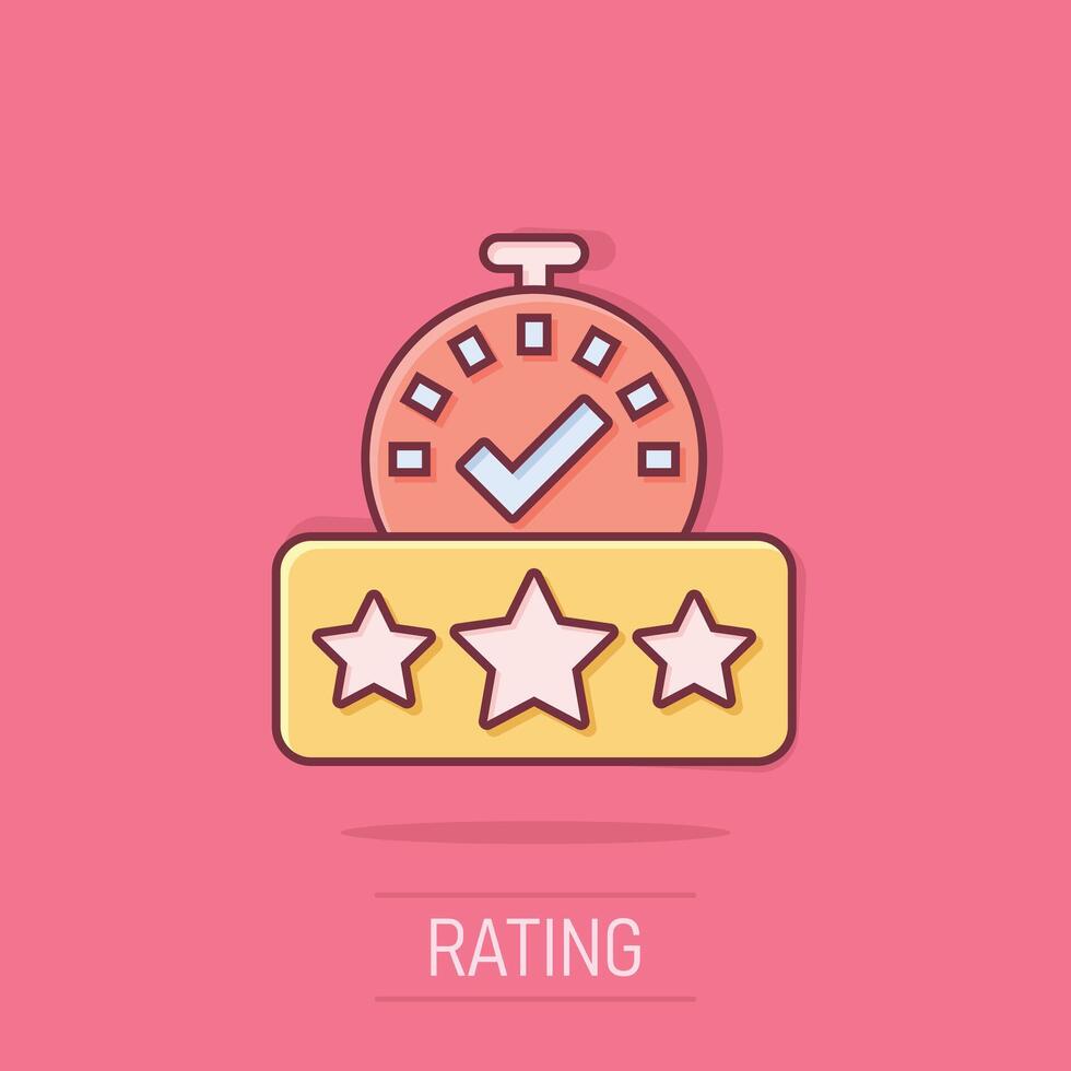 Rating result icon in comic style. Clock with stars cartoon vector illustration on isolated background. Satisfaction splash effect business concept.