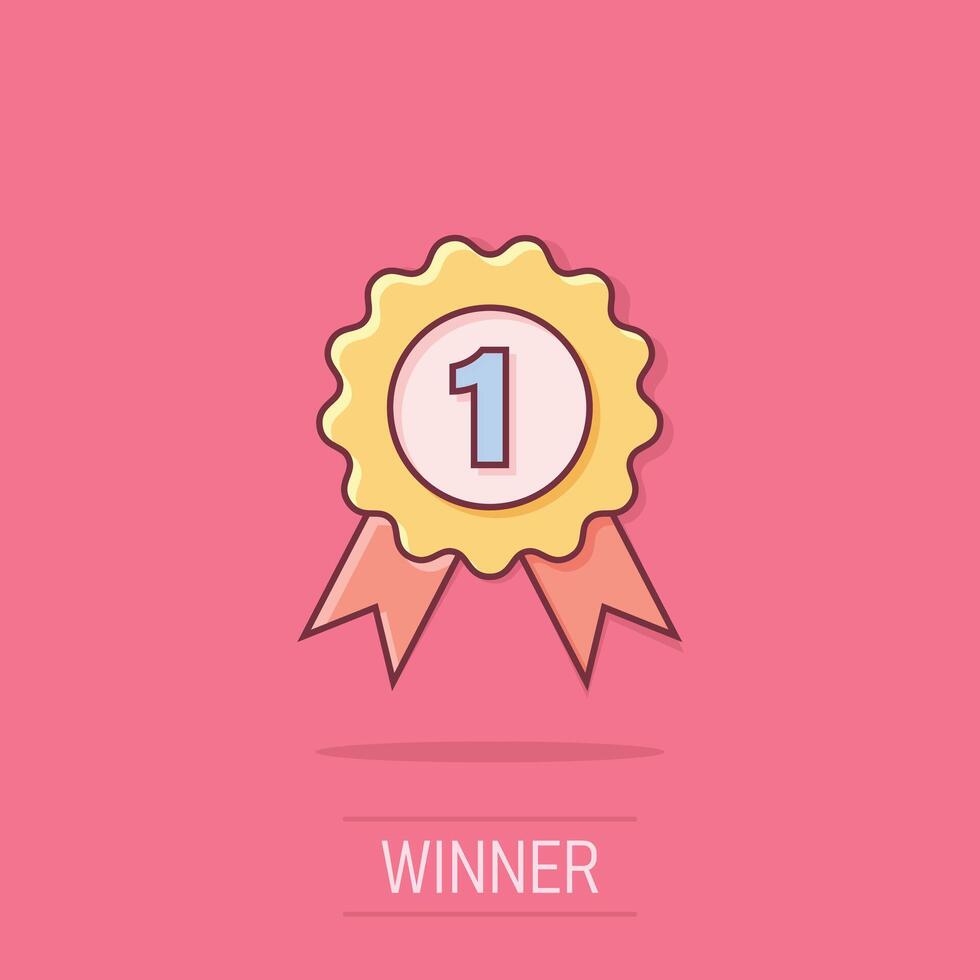 Winner icon in comic style. Rosette award cartoon vector illustration on white isolated background. Medal splash effect business concept.