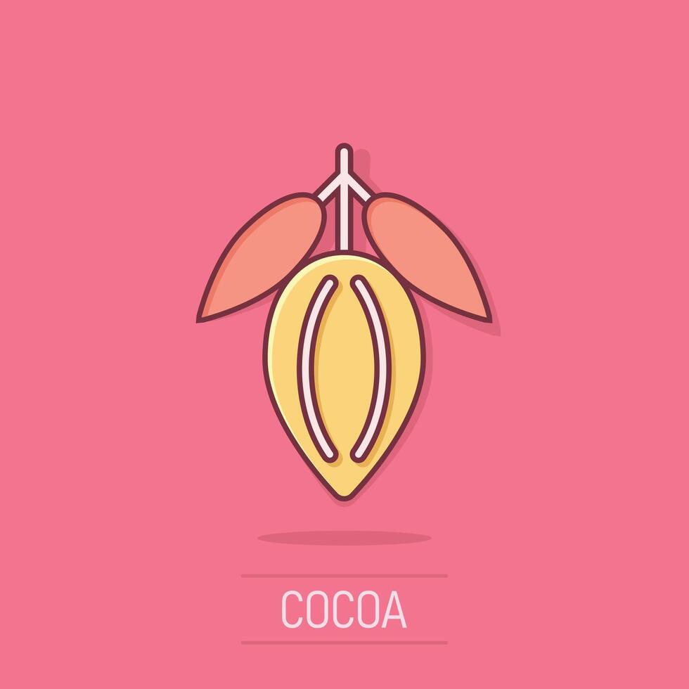 Cocoa bean icon in comic style. Chocolate cream cartoon vector illustration on white isolated background. Nut plant splash effect business concept.