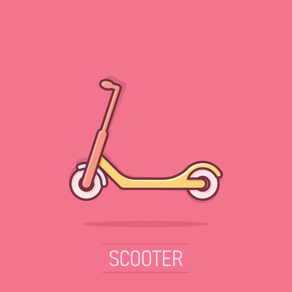 Electric scooter icon in comic style. Bike cartoon vector illustration on white isolated background. Transport splash effect business concept.