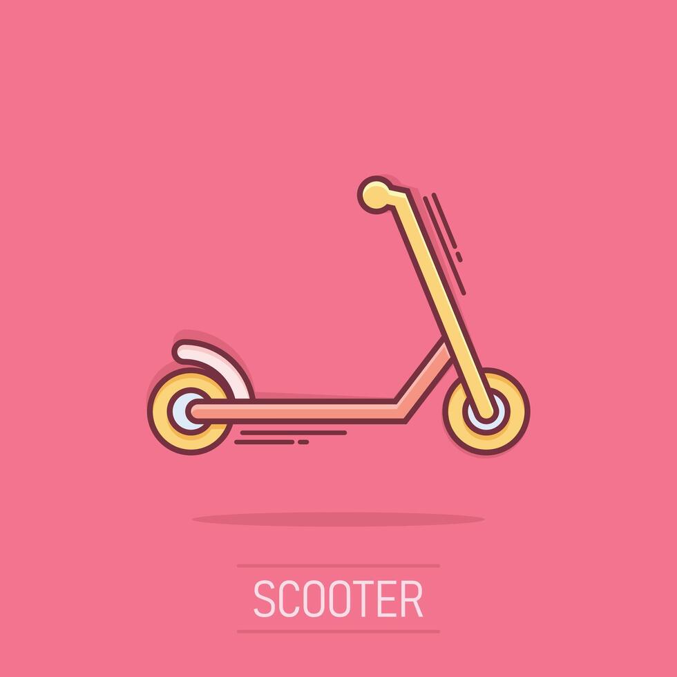 Electric scooter icon in comic style. Bike cartoon vector illustration on white isolated background. Transport splash effect business concept.