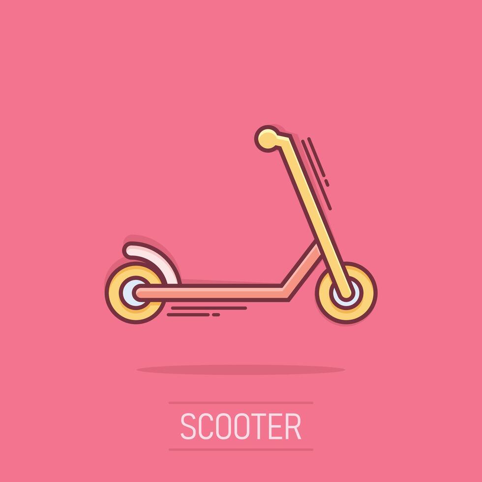 icono de scooter eléctrico en estilo cómico. ilustración de vector de dibujos animados de bicicleta sobre fondo blanco aislado. concepto de negocio de efecto de salpicadura de transporte.