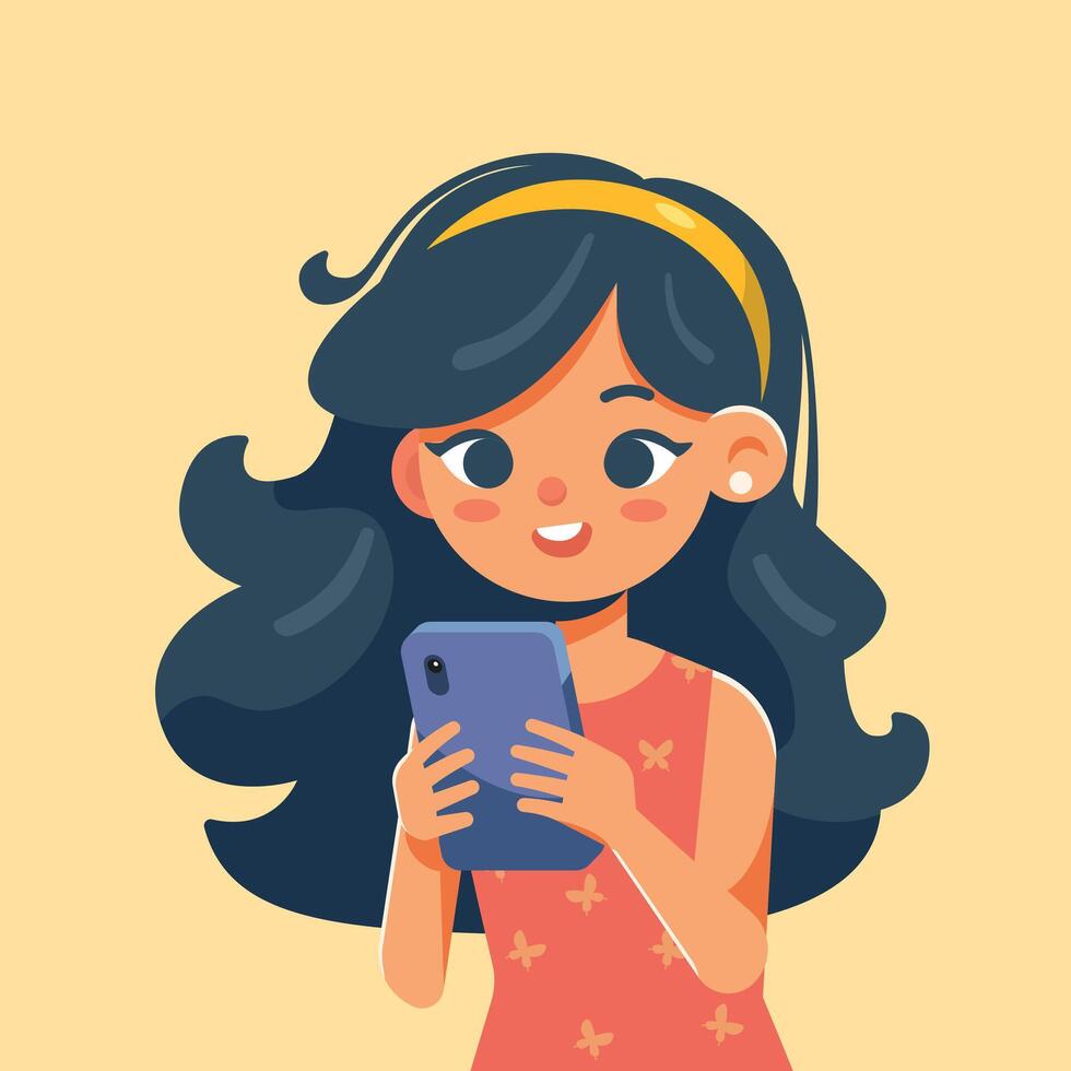 Using phone illustration. Cute little girl using her smart phone vector