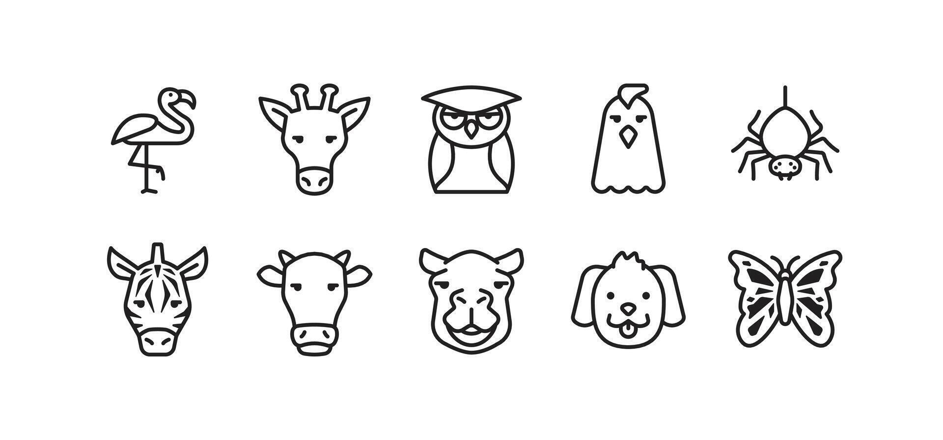 Set of animal icons. Simple outline animal icons pack contains icon such as cow, owl, camel, zebra, spider etc vector