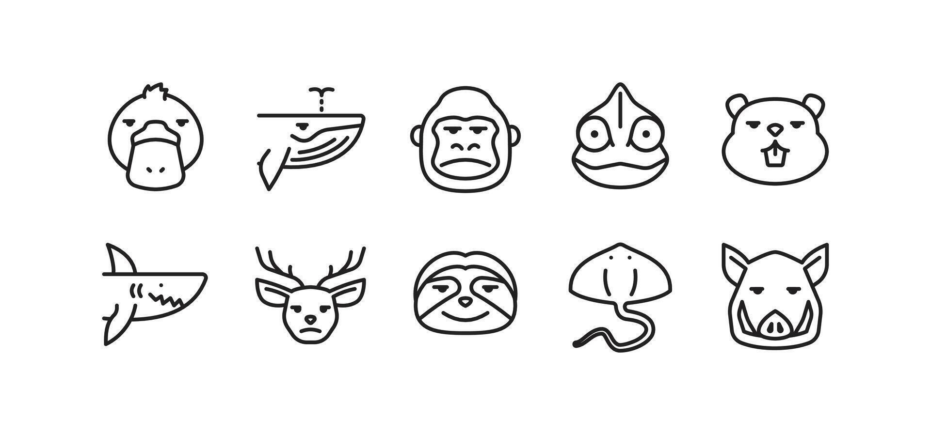 Set of animal icons. Simple outline animal icons pack contains icon such as platypus, whale, chameleon, gorilla, beaver etc. editable stroke vector