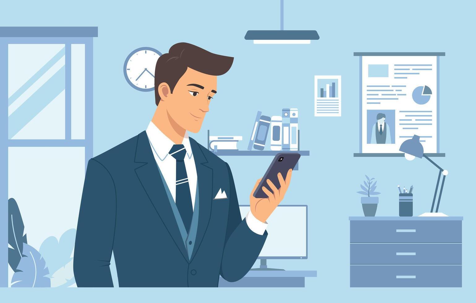 Using a phone illustration. Young business man in suit using his phone in the office vector
