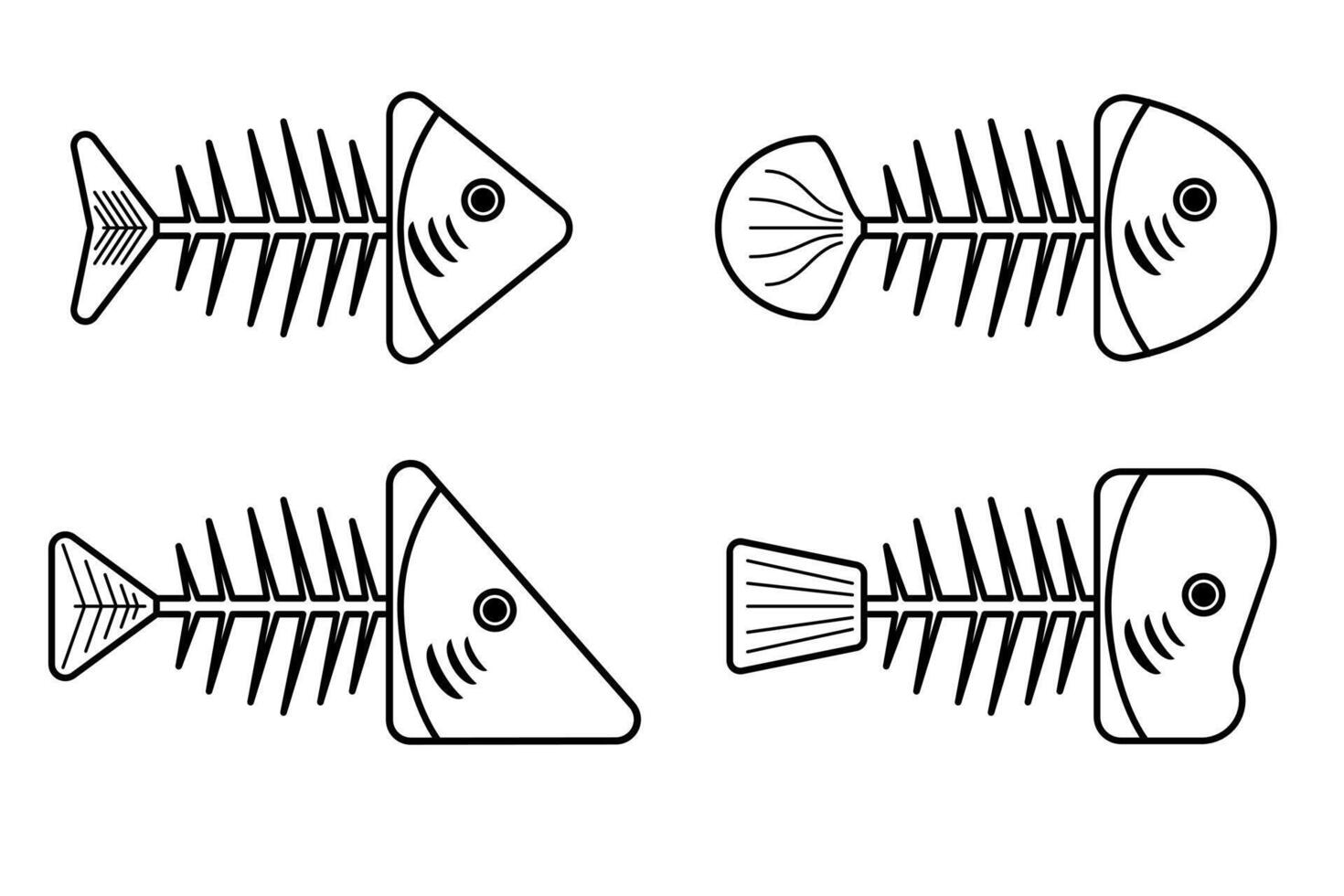 fish icon only splines bone black and white many types and species. vector drawing line art fish only head and bone.