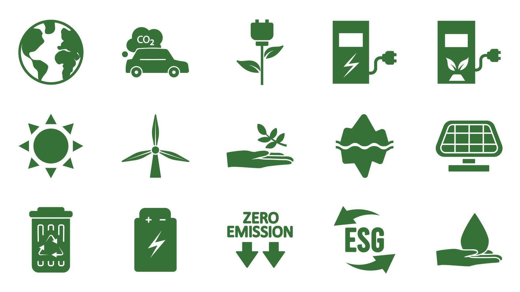 Icon collection with zero emissions esg symbol concept. greenhouse gas carbon credit design set. protect ecological green vector glyph. carbon net zero neutral natural. carbon footprint art pictogram