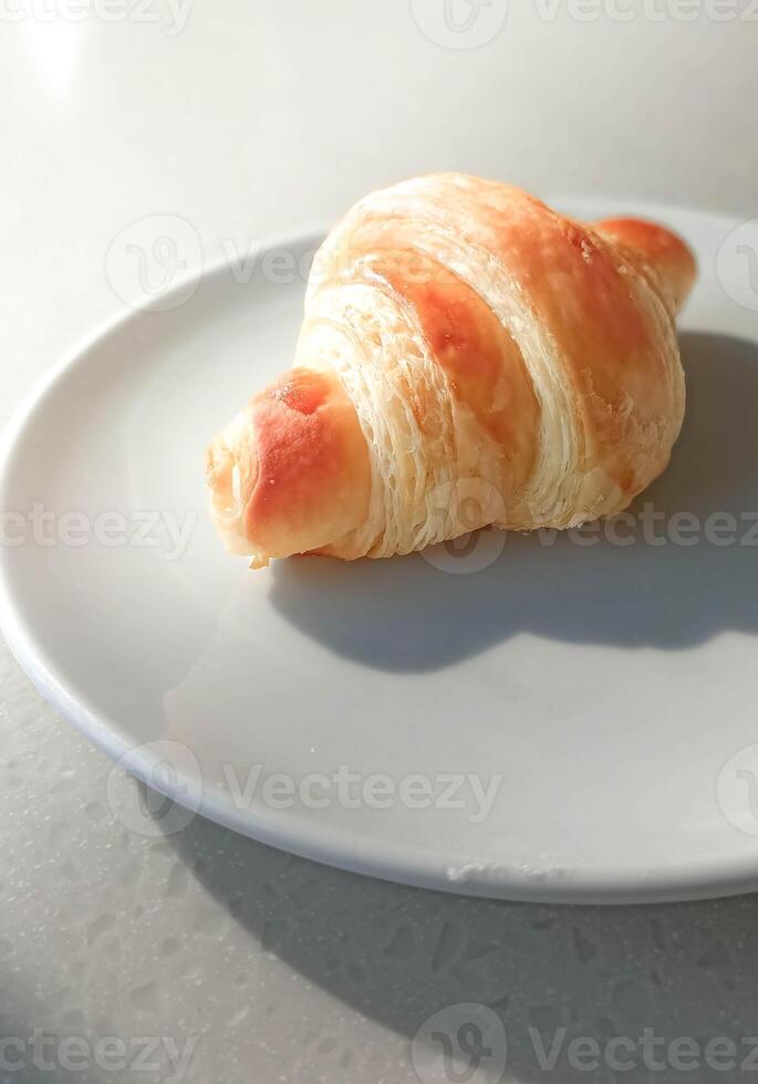 Delicious crusty croissants on a plate. photo