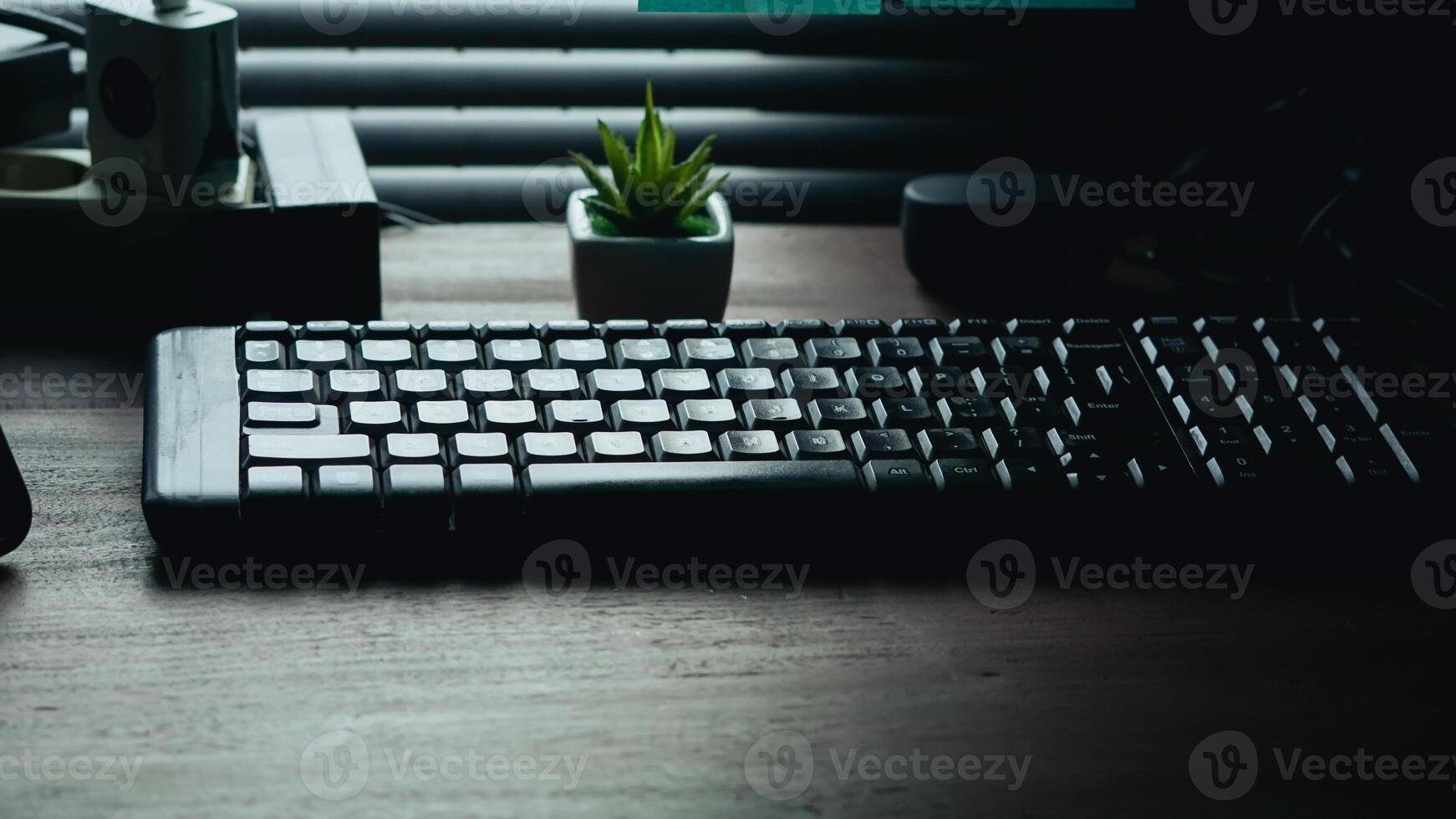 work desk with keyboard and small ornamental plant photo