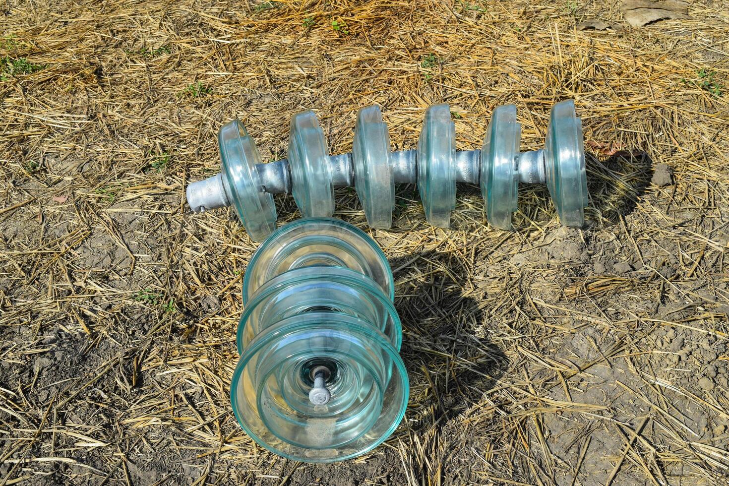 High-voltage insulators of glass insulators. Installation of high-voltage power lines photo