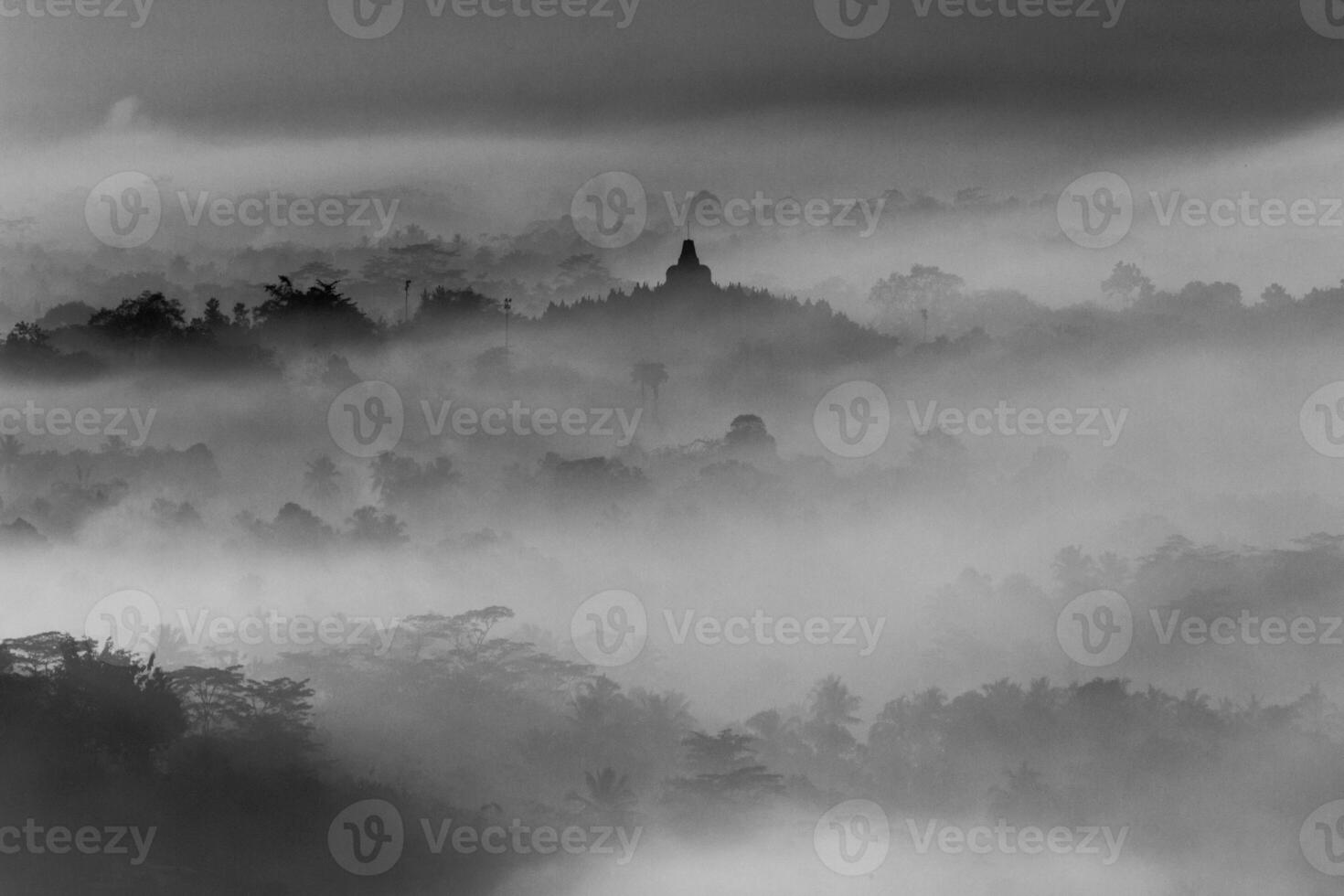 Silhouette of Borobudur Temple surrounded by mist and forest in black and white photography photo