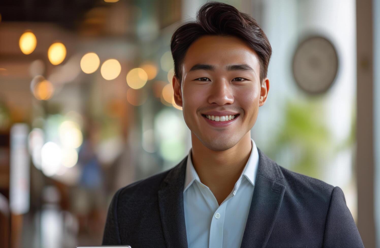 ai generado pequeño sonriente moderno empresario utilizando tableta ordenador personal en oficina foto