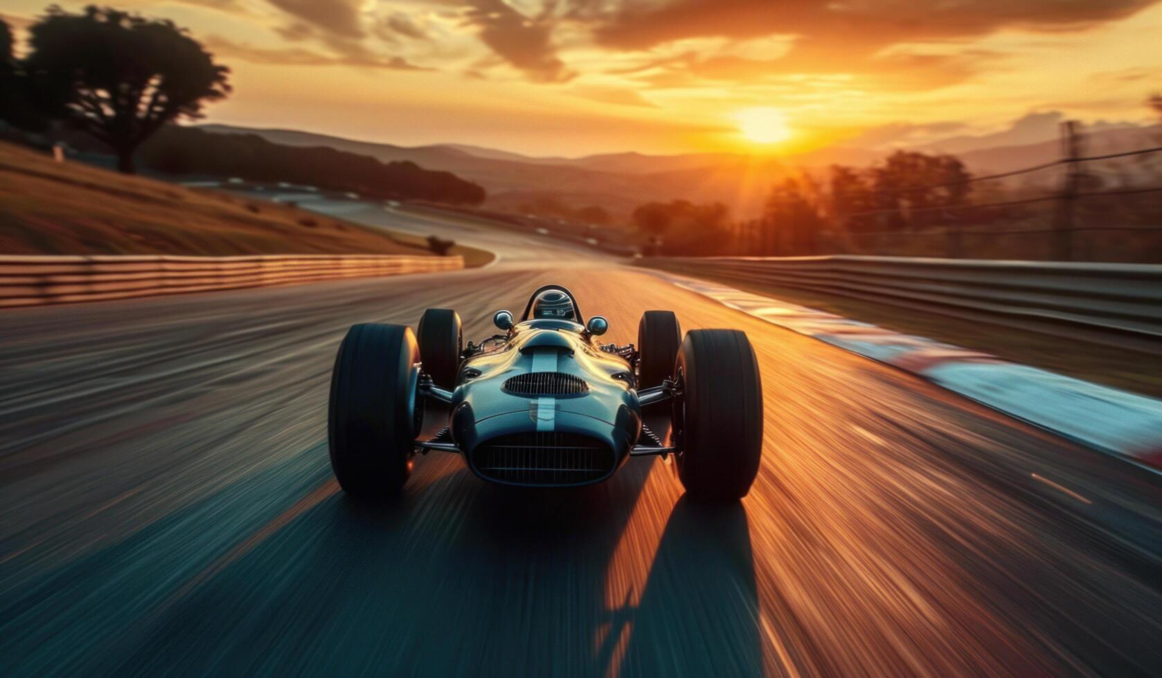 AI generated car is driving on an empty race track at sunset photo