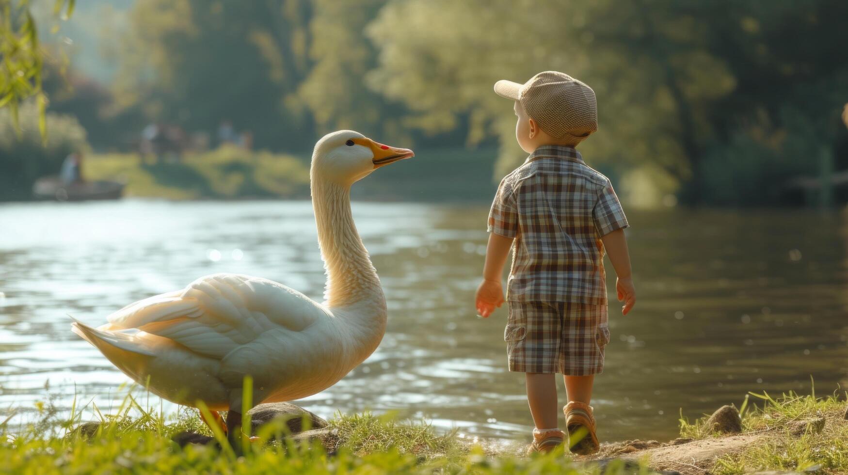 ai generado un cinco años de edad chico en tartán pantalones cortos y un tartán gorra, juntos con un grande blanco ganso foto