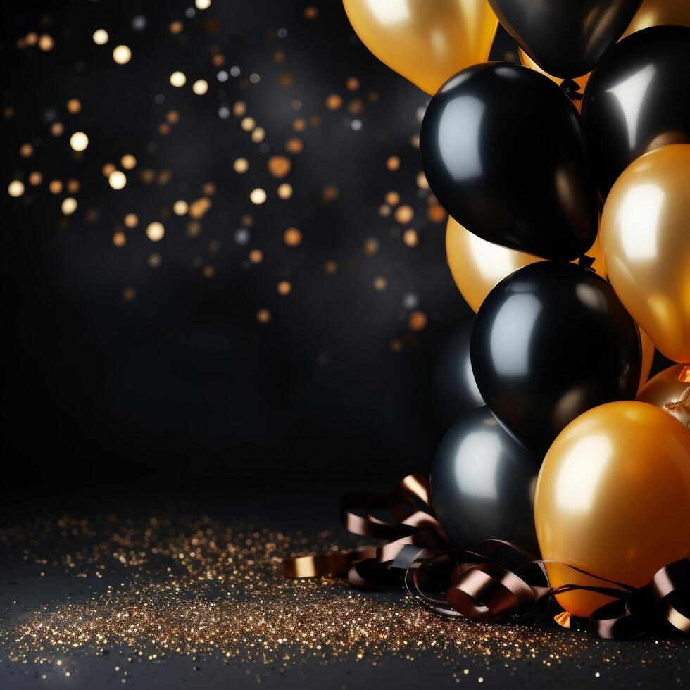 ai generado hermosa cumpleaños antecedentes con negro y oro globos y sitio para texto foto