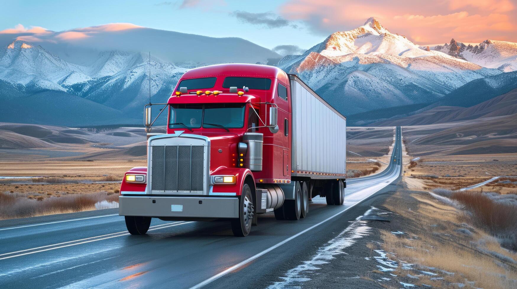 AI generated a large red lonely truck drives along the road through the endless American desert photo