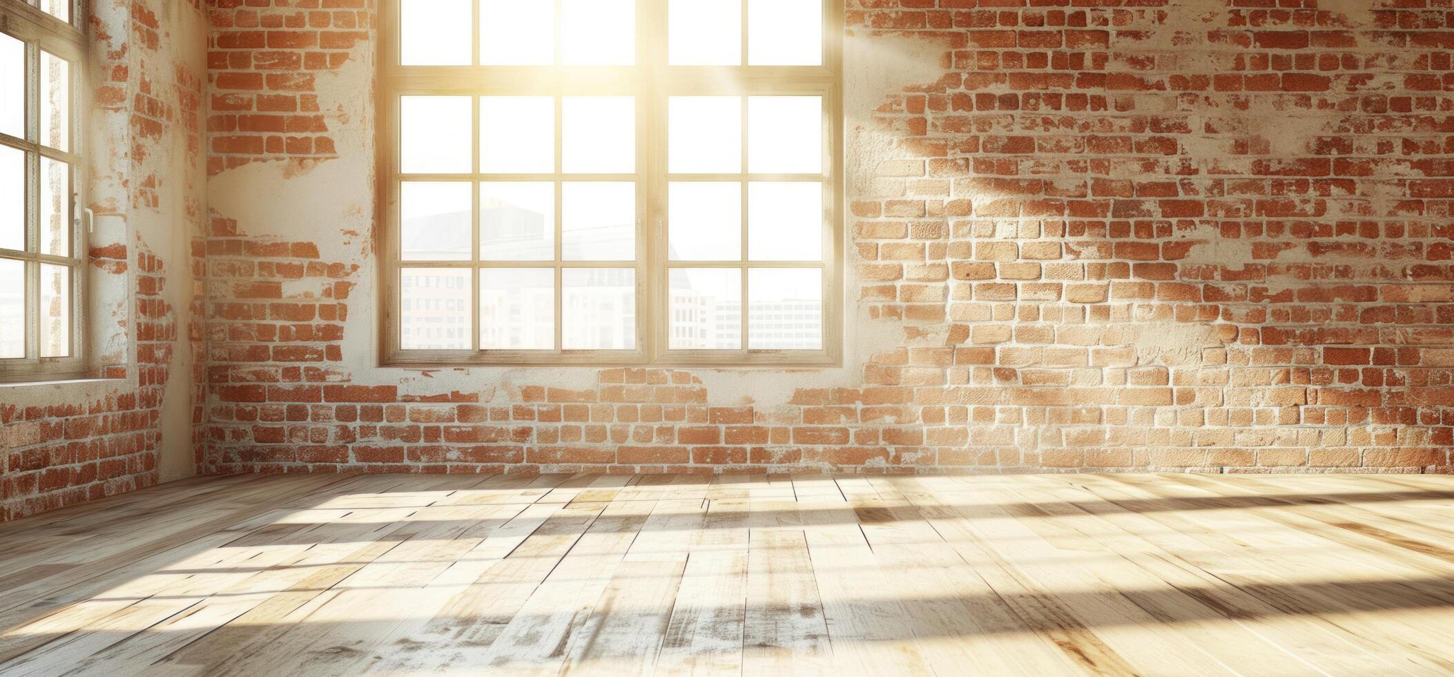 AI generated empty empty room with brick wall on the floor with wide window and sunlight hanging through it photo