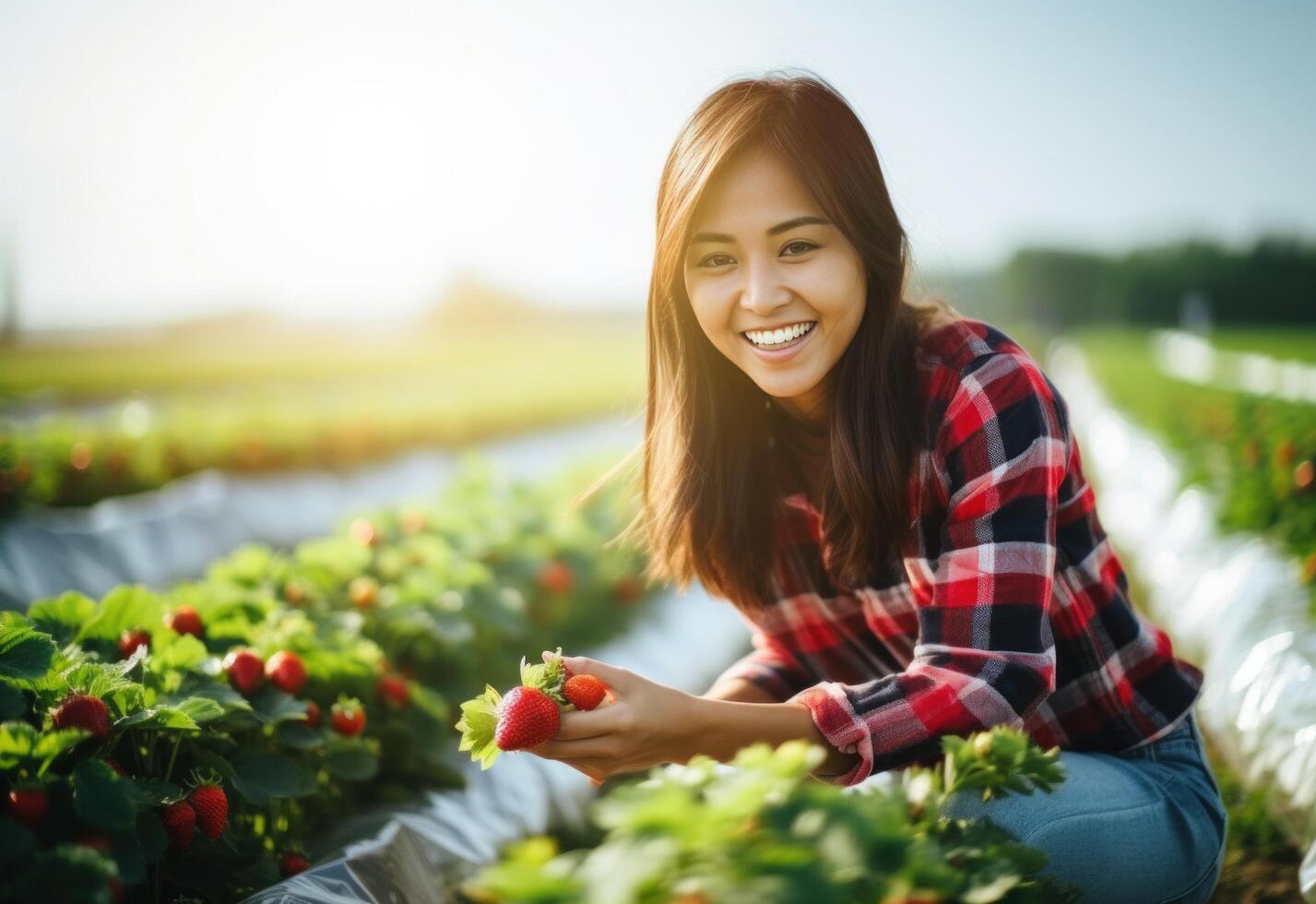 AI generated a woman is picking strawberries in the field, joyful and optimistic photo
